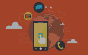illustration of mobile device with a phone icon and chat icon floating next to it