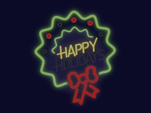 illustration of a neon light wreath flickering happy holidays
