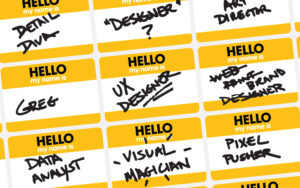 a grid of stickers that say hello my name is with a different title for each one