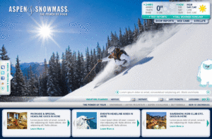 a homepage showing a person skiing down a slope, with the weather in top right corner and three specials at the bottom