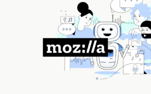 mozilla logo with illustrations of people and robots behind