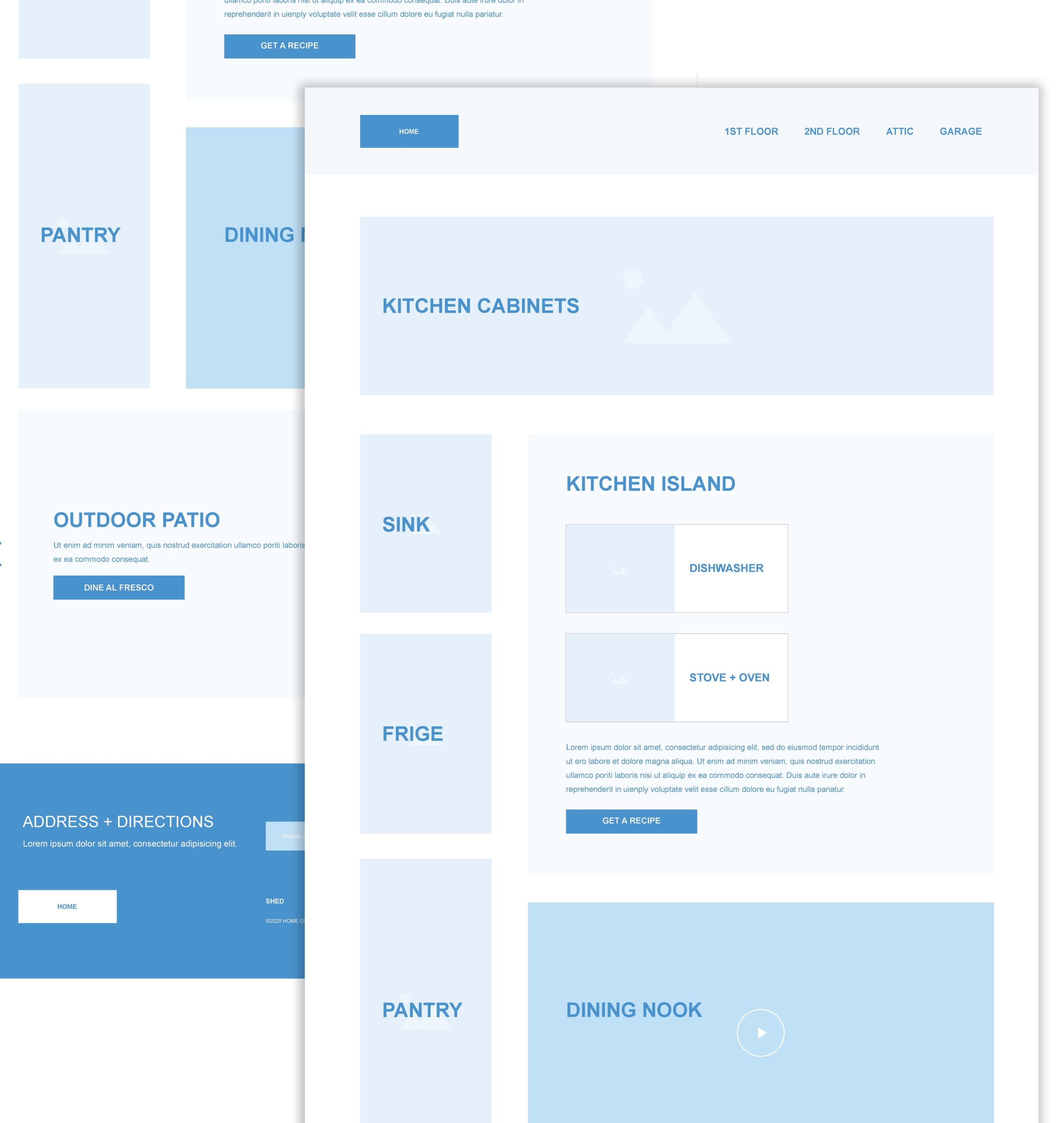 wireframes showing layout of a kitchen as a website