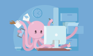 illustration of octopus working at office
