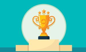 illustration of trophy with thumbs up on it