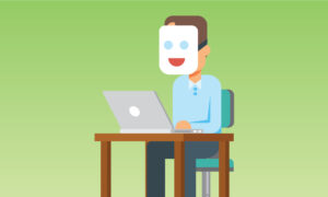 illustration of man sitting in front of computer with mask on face