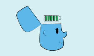 cartoon character's head open with a battery, slowly depleting
