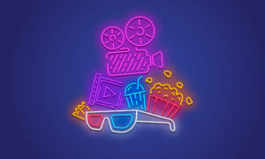 illustration of neon signs featuring popcorn and movies